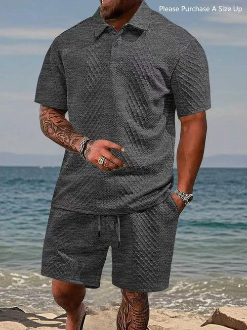 Please Purchase A Size Up. Men's Solid Polo Shirt & Drawstring Waist Shorts Set, Cozy Breathable Two-piece Outfits for Daily Outdoor Wear, Men Clothes for Summer. - Color: Dark Gray, Size: S