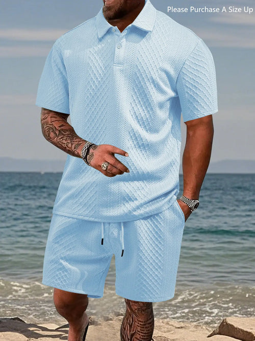 Please Purchase A Size Up. Men's Solid Polo Shirt & Drawstring Waist Shorts Set, Cozy Breathable Two-piece Outfits for Daily Outdoor Wear, Men Clothes for Summer.